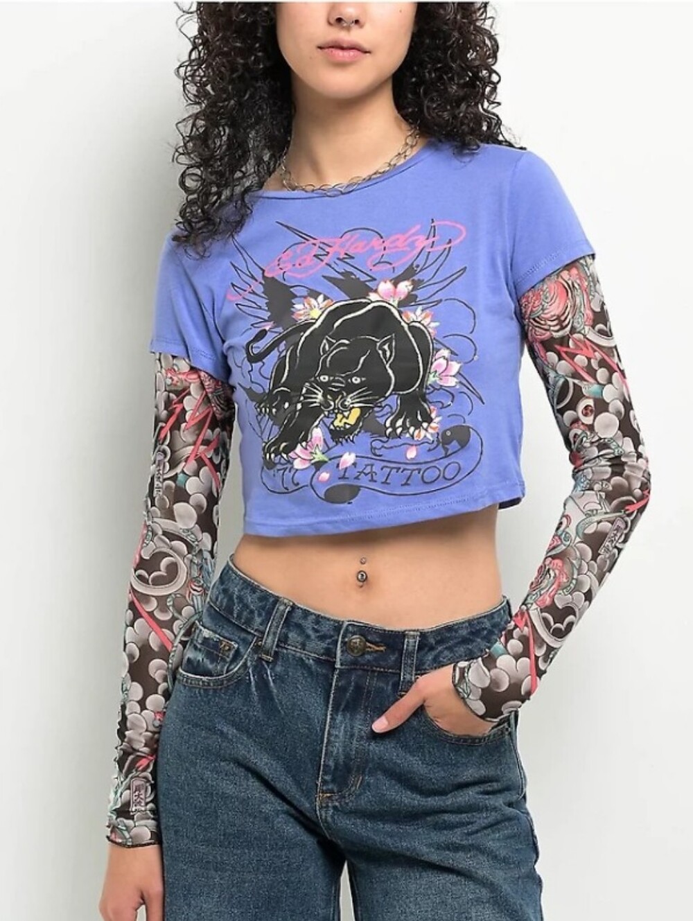 NWT* Don Ed Hardy Tattoo Panther Mesh Sleeves Cropped Deep Periwinkle Tshirt XS